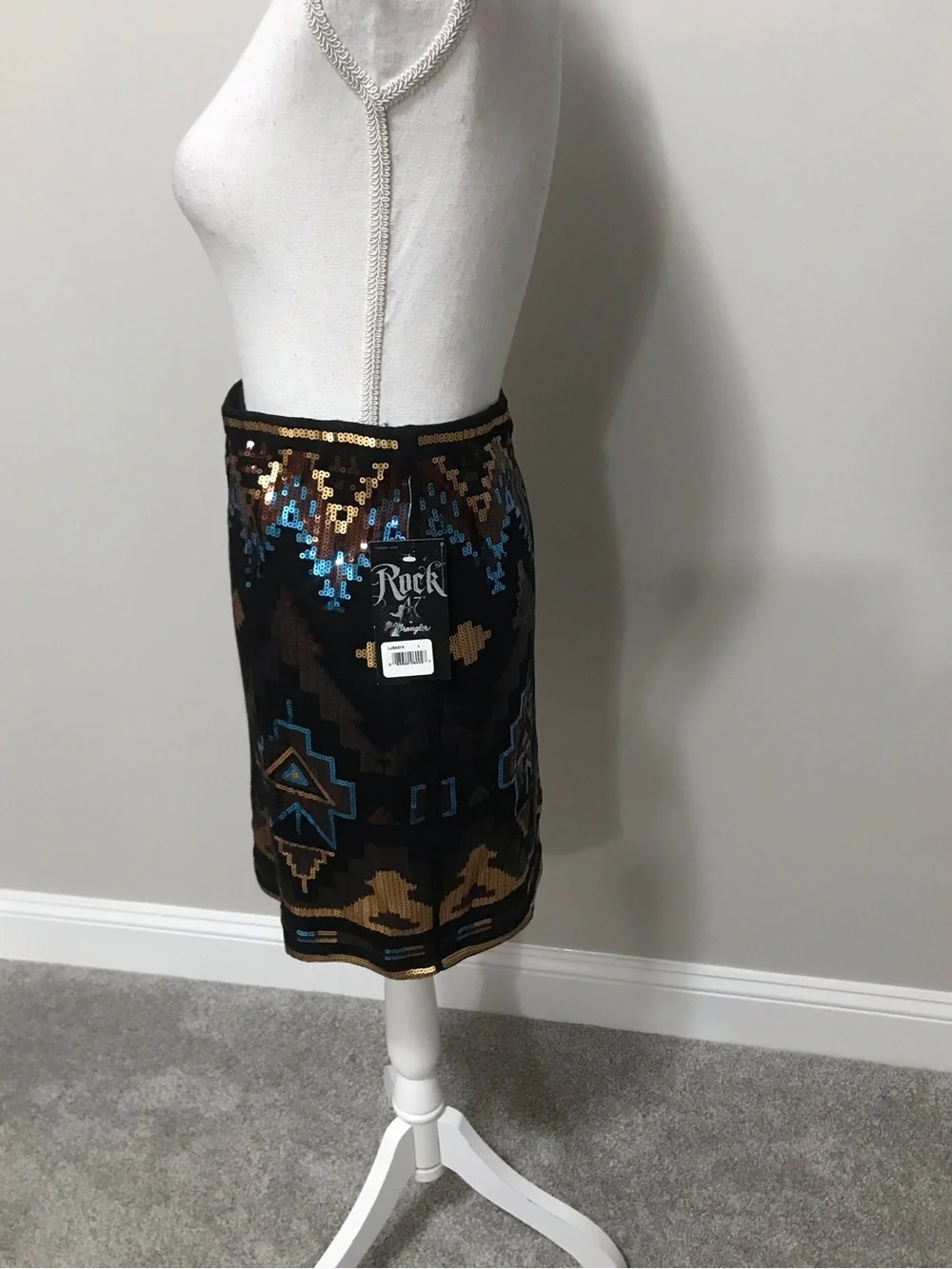 NWT Sequin Aztec Mini Skirt with Blue and Gold Accents - Picture 3 of 7